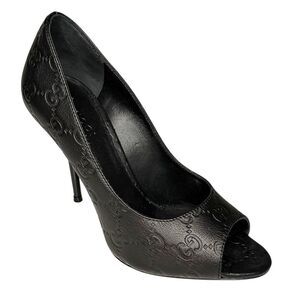 Gucci Black GG Monogram Embossed Peep Toe Heels Size 36 w/ Box & Dust Bag